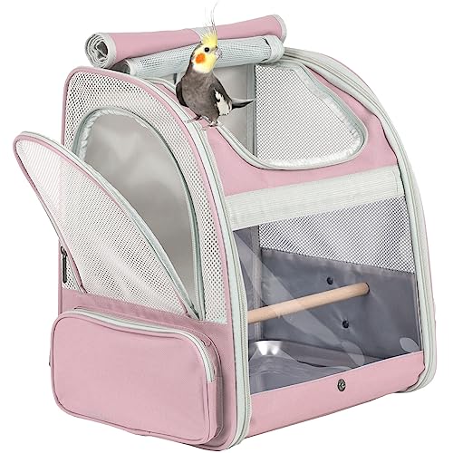 ORIZZP Bird Carrier Backpack with Wooden Stand Perch, Bird Travel Carrier Backpack (Pink, Bird Backpack)
