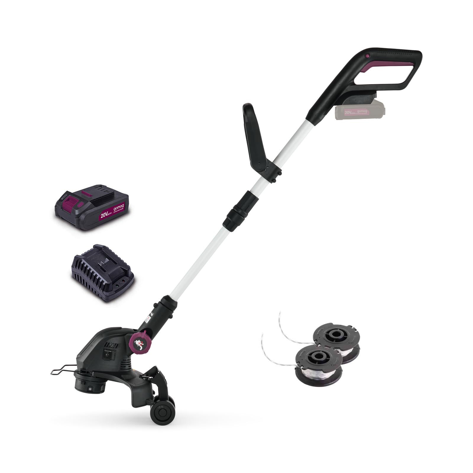 Gomag Akku-Rasentrimmer GO-RT300 | Schnittbreite 300 mm | 90° drehbarer Motorkopf | teleskopierbare Führungsstange | 1,6 mm Nylon-Einzelfaden | Inklusive 2 Ah Akku & Ladegerät sowie zweiter Fadenspule