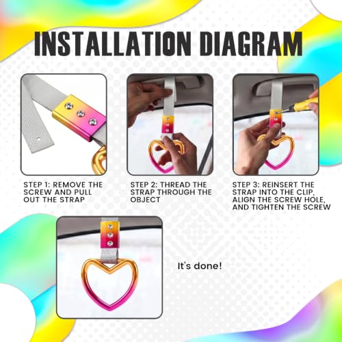 Image of 2PCS Heart Shaped Car Handle Straps, Rear Bumper Warning Keychain Ring for Car Exterior Accessories (Chrome Rainbow Heart - White)