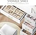 DWVO Makeup Vanity with Large Mirror and LED Lights, Vanity Desk Set with Power Outlet & Chair & 3 Lighting Colors, 4 Drawers, Dressing Table Stool Set for Dressing Room, Pearl White