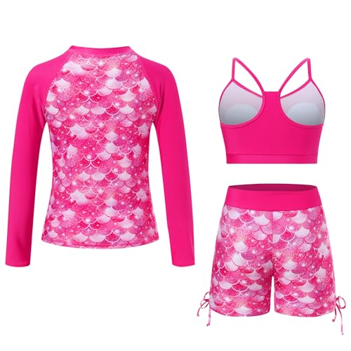 Image of Funnycokid Girls Swimsuit 3 Pieces Zip Rash Guard Bathing Suits Set Kids Bikini Boyshort Summer Swimwear 3-14 Years