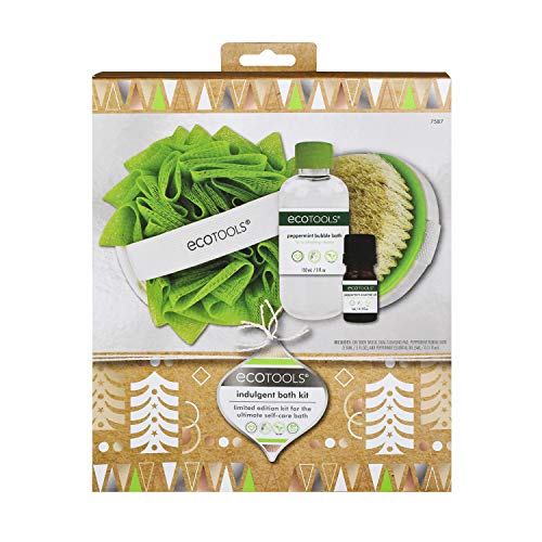 EcoTools Indulgent Bath Gift Kit with Bubble Bath, Dry Body Brush, Loofah Bath Sponge, and Peppermint Essential Oil, Set of 4