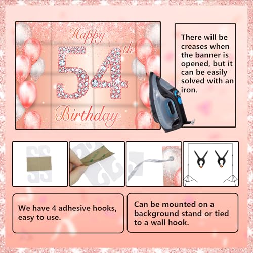Image of Happy 54th Birthday Rose Gold Banner Cheers to 54 Years Old Backdrop Confetti Balloons Theme Decor for Women 54 Years Old Pink Birthday Party Decorations Bday Supplies Background Favors Gift Glitter