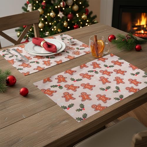 Image of Dining Table Mats Set of 2 - Gingerbread Man Theme,Digital Print, Washable, Indoor /Outdoor, Heat-Proof, Wipe & Clean (47X33 cm) Cream & Brown