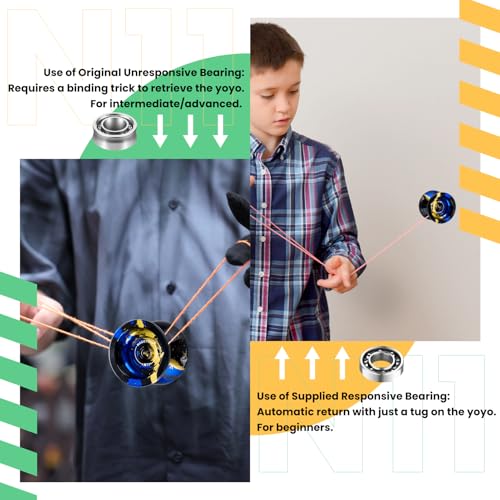 Image of MAGICYOYO N11 Professional Unresponsive Yoyo N11 Dual Purpose Alloy Trick YoYo Ball with Bag, Glove, 12 Strings and Responsive Bearing Kit (Black Blue Yellow)