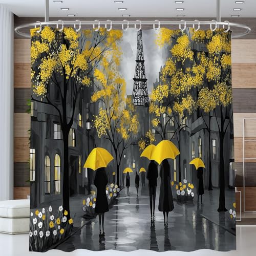 200x200cm Cortina de Ducha,Peatones Paraguas Amarillos Antimoho Poliéster Lavable Opaco Tela,Calle Abstracta Ciudad Cortina divisoria con 12 Ganchos de Ducha Bañera Baño Familia Hoteles Dormitorio