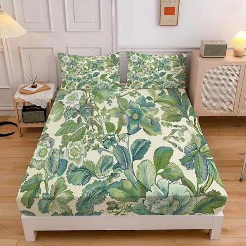 Sábana Bajera Ajustable 105x190cm,Elegancia Hojas Flores, Sábana Ajustable, Microfibra Suave, Pastoral Plantas Juego de Cama con Bolsillo Profundo de 30 cm, Tacto Suave Sábana para Cama 105
