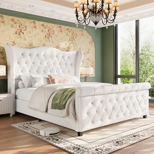 Queen Size Bed Frame-Upholstered Platform Chenille Sleigh Bed-51 inch Scroll Wingback Tall Headboard Footboard-Deep Button Tufted-Easily Assemble-Wood Slats Support-No Box Spring Required-Cream