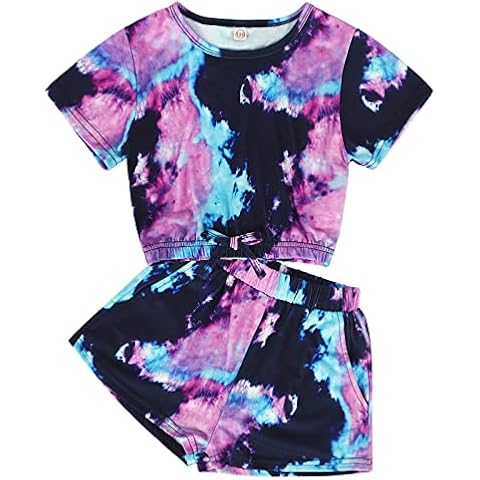 WonderBabe Girls Summer Outfit Tie Dye Tracksuit Short Sleeve T-Shirt and Elastic Waist High Waisted Shorts 2PCS Set Clothes Purple Age 8-9 Years Cover