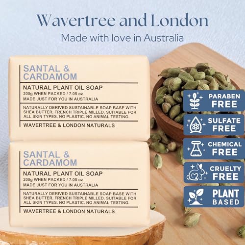 Image of Wavertree & London Santal & Cardamon Scented Natural Soap Bars (2 Bars), 7oz Moisturizing French Triple Milled Soap enriched with shea butter - Plant Oil Bath & Body Soap Bars [100% Naturally derived]