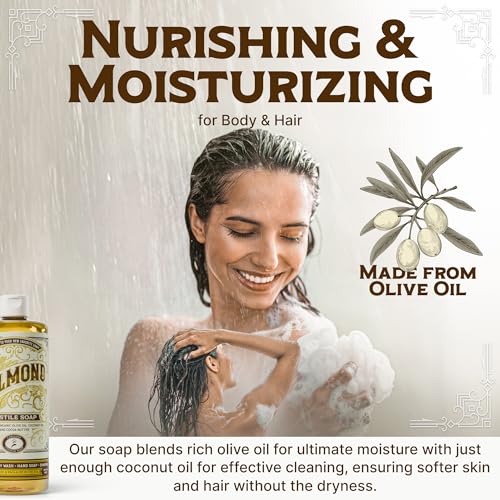 Image of Carolina Castile Soap Almond Scent - Certified Organic Base, High Olive Oil Content, Non-Drying, Made with Organic Oils, Concentrated Natural Body Wash for Men and Women (Almond, 32 Fl Oz)