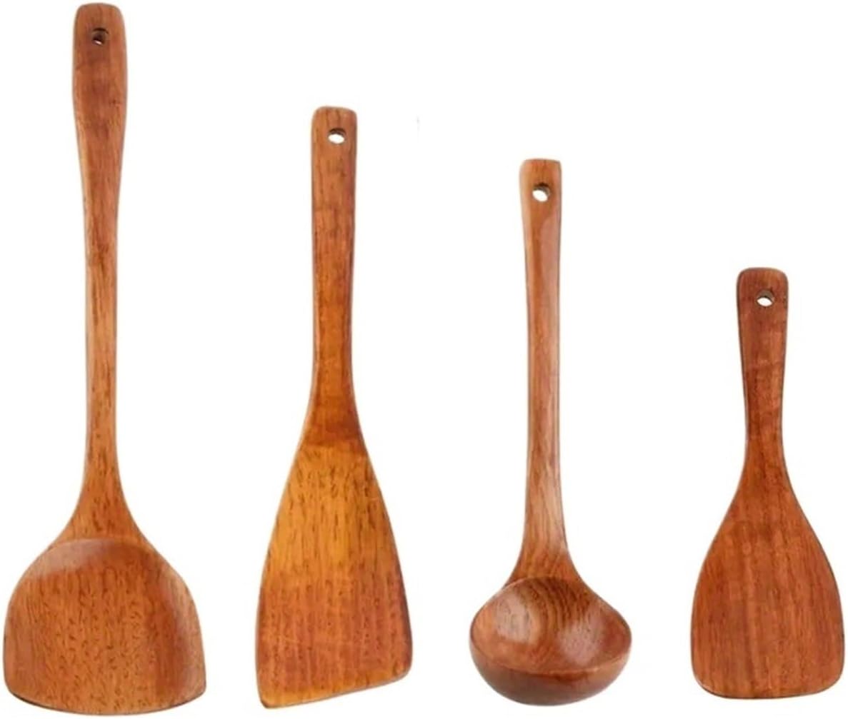 4PCS Wooden Spatula Long Handle Rice Spoon Soup Cooking Spoons Kitchen Accessories House Kitchenware Set