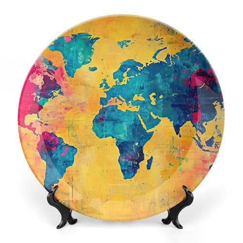 Exquisite Ceramic Decorative Plate, World Map Bone Porcelain Plates with Display Stand for Kitchen Dining Room Wine Cabinet - World Geographical Unique Home Decor