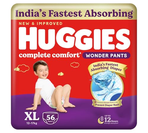 Image of Huggies Complete Comfort Wonder Pants | Pant Style Baby Diapers Extra Large Size (XL), 56 Count | India's Fastest Absorbing Diaper, Prevents Diaper Rash, Ideal for 12 to 17 Kgs