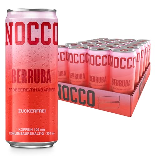 NOCCO BCAA energy drink 24er pack zuckerfrei vegan Energy Getränk mit Koffein Vitaminen und Aminosäuren Erdbeer- und Rhabarbergeschmack 24 x 330ml inkl. Pfand (Berruba)