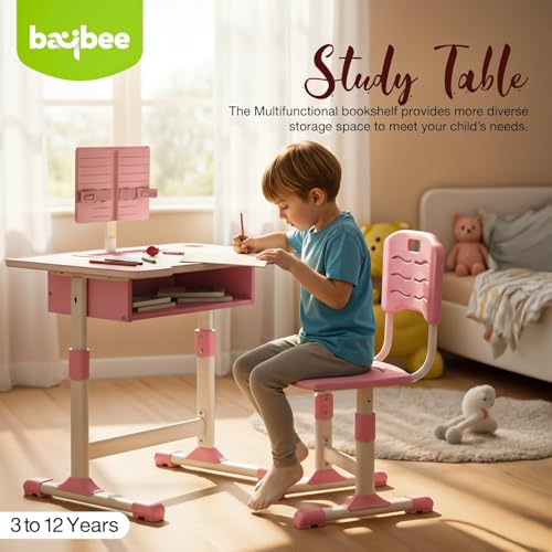 Image of BAYBEE Study Table for Kids 5-12 Years Boys Girls | Ergonomic Desk Table with Chair, Height Adjustable, Book Holder, Storage Drawer & Footrest | Perfect for Reading, Writing & Studying (Premium Pink)