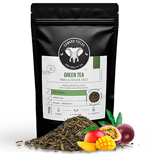 Edward Fields Tea ® - Té verde orgánico a granel con Mango y Maracuya. Té bio Sencha recolectado a mano con jengibre, cúrcuma e ingredientes naturales y ecológicos, China. 100g / 50 tazas