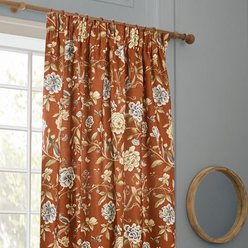 Sanderson Porcelain Garden Room Darkening Pencil Pleat Curtain Pair – Chenille Peony Bird Lined Drapes (Rust - 117x183cm) - Image 2