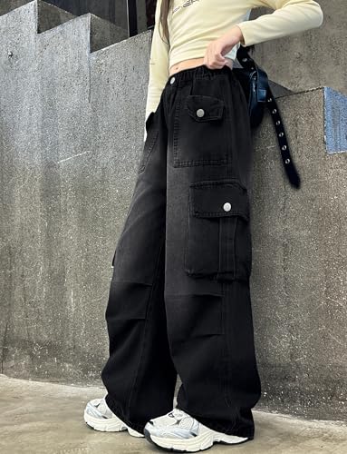 Image of Rolanko Girls Cargo Pants Baggy Y2K Cargo Trousers Jeans Wide Leg Pants with Multi Pockets 4-15 Years
