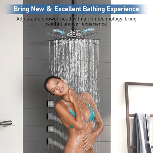 Shower System with 4 Body Jets, STARBATH 12\" Rain Shower and 2 in 1 Handheld, Can Use All at Once, Push Button Complete Shower Faucets Set with Thermostatic Valve and Trim Kit, Ceiling Mount