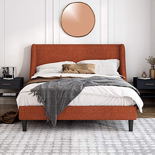 Einfach Bed Frame Queen Size With Modern Wingback Headboard, Upholstered Platform Bed Frame And Wood Slat Support, Orange #TOP2