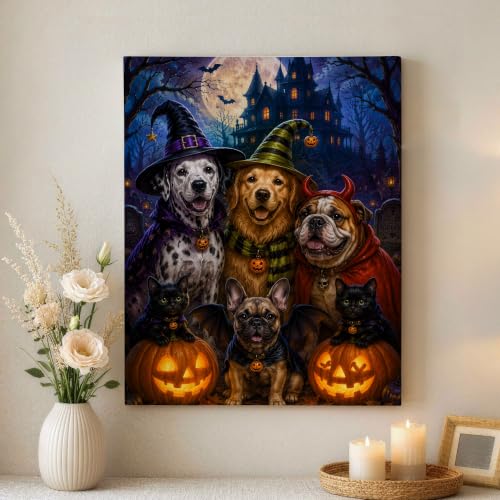 Lienzo decorativo para pared de Halloween con perros y gatos, cuadros negros para salón