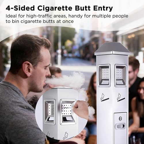 1,2M Aschenbecher für Draussen,Standaschenbecher mit Schlüssel,Edelstahl rutschfester Boden, Geeignet für zu Hause,Bars, Terrasse, Restaurant (Silber)
