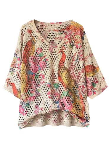 Image of Verdusa Women's Crochet Beach Summer Sweater 3 /4 Length Sleeve Boho Off The Shoulder Tops