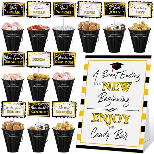 Jingmore 25 Pcs Graduation Candy Buffet Party Decoration Graduation Table Candy Bar Snack Labels Signs and 5 Buckets with Handle for Class of 2026 High School College(Plaid Border Style Black)