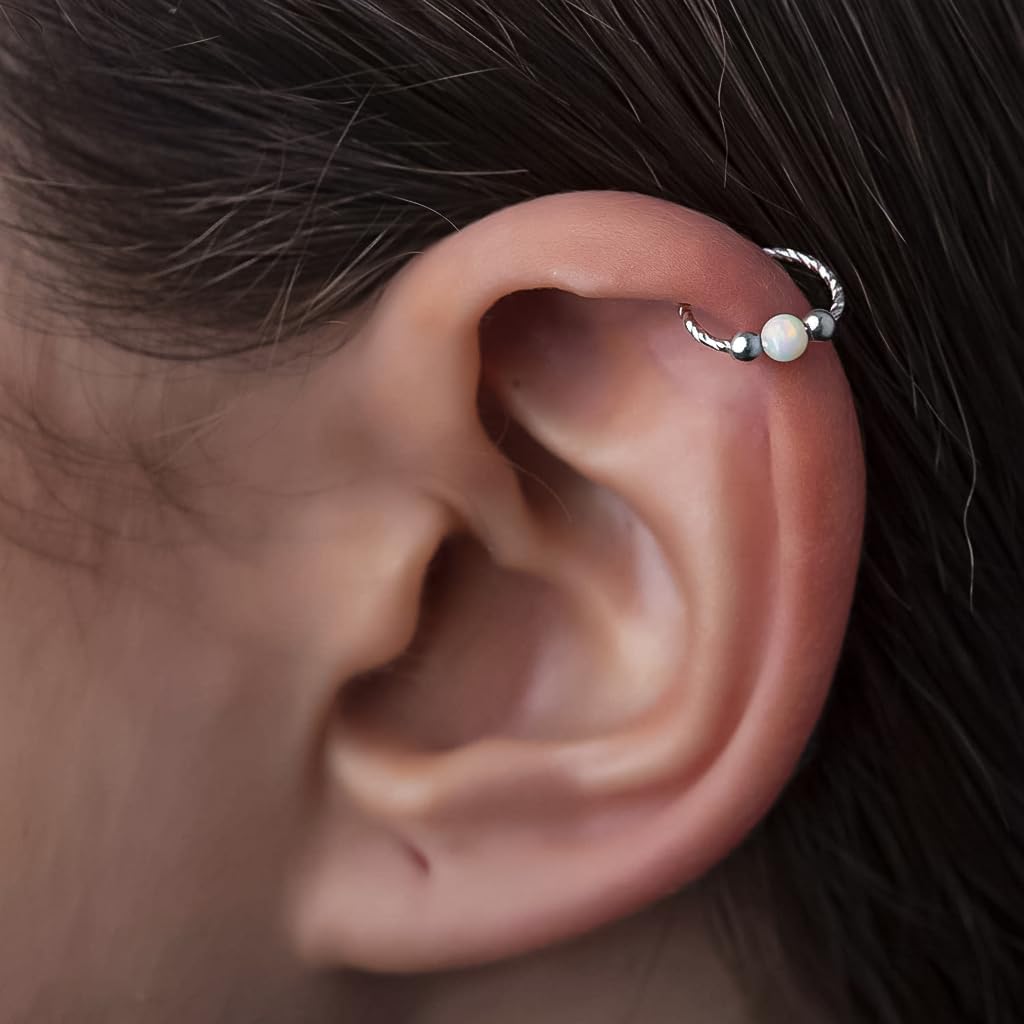 JOLIZ White Opal Cartilage Earrings for Women – 20 Gauge 925 Sterling Silver Huggie Hoop with 8mm Diameter and 3mm White Opal, Hypoallergenic Earrings, Helix Piercing Jewelry for Comfortable Wear - Image 4