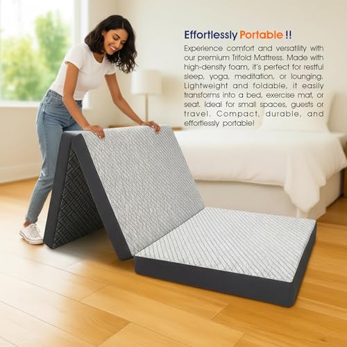 Image of Rhythm Lite Foldable Mattress for Floor Sleeping Tri Fold 6-Inch High Resilience HR Foam Medium Firm Back Pain Support Single Guest Travel Bed Lightweight Portable Compact 72x36