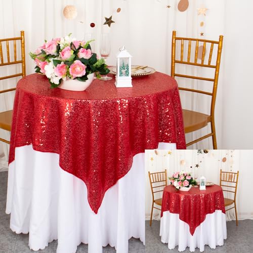 ShinyBeauty Red Tablecloths 36x36 Inch, 2 Packs Sequin Table Cloth for Parties Sparkle Table Cloths Square Shimmer Table Overlay Small Tablecloth Linen for Wedding, Birthday, Christmas Tables Decor