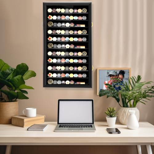Image of Silipull Lighter Display Case Wall Mount Display Case for Lighter Detachable Wooden Cabinet W /98% UV Acrylic Door Lockable Spoon Storage Box Collection(Black Finish,80 Challenge Coin,Challenge Coin)