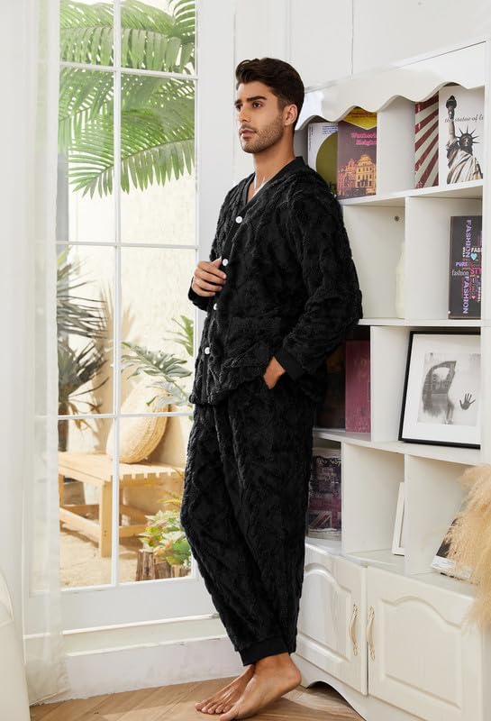 Vulcanodon Mens Plush Warm Pajama Sets Soft Fluffy Long Fuzzy Sleepwear with Pockets Cozy Loungewear Pjs Set for Men - Image 2