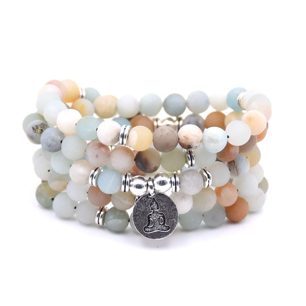 Homeyu Men's Silver Buddha Homeyu® 8Mm Matte Amazonite 108 Mala Beads Necklace/Bracelet For Wo Elastic String Buddhist Prayer Natural Gemstone Bracelet