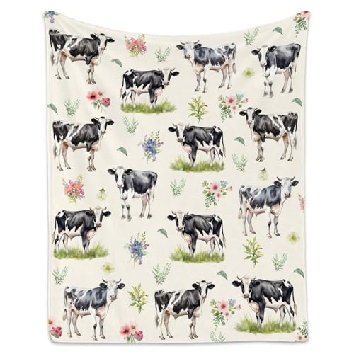 Cow Blanket for Women, Cozy Soft Throw Gifts, Cute Yellow Flannel Throw Blankets for Couch Office, 60x80 Inches