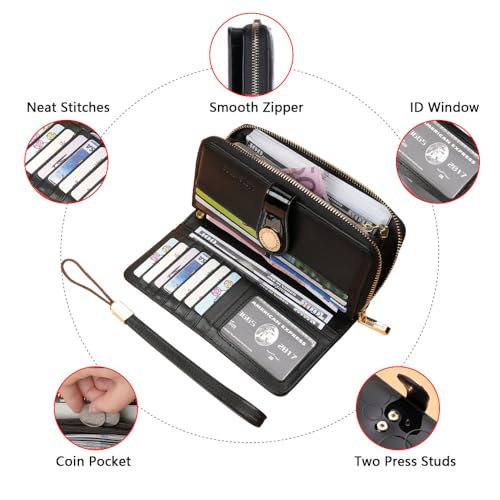 Ladies' fashionable leather wallet, large capacity with multiple card slots, zipper and snap closure, RFID shielded credit card holder for protection, long wallet with wrist strap (Black)4