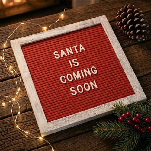 Image of Rustic Red Felt Letter Board Sign, 10x10 Inch with Display Stand | 336 letters, numbers and symbols, rustic wood frame, wall mount and stand for warm everyday home messages