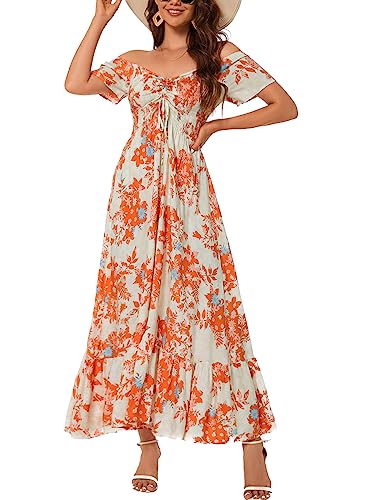 Image of Summer Smocked Boho Maxi Dress for Women 2026 Short Sleeve Floral Smocked Flowy Ruffled Beach Vacation Dresses Lightweight