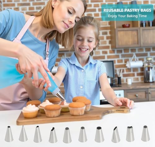 Image of Preptep Piping Bags and Tips Set, Reusable Cake Decorating Supplies with 2 Reusable Bags, 12 Icing Tips, 2 Silicone Rings, 2 Couplers and 3 Scrapers, Cake Baking Tools for Cookie Icing Cupcakes