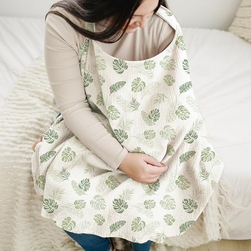 Image of Konssy Muslin Nursing Cover for Baby Breastfeeding, Breathable 100% Cotton Breastfeeding Cover with Rigid Hoop for Mother Nursing Apron, Multi-use Carseat Canopy (Monstera Green)