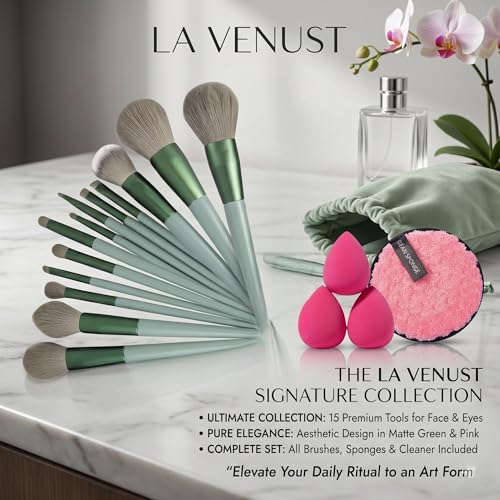 Image of 17Pc Makeup Kit Set - Premium 13-Piece Makeup Brush Set with 3 Makeup sponges & 1 Color-Removal Sponge - Soft Synthetic Bristles, Rose Gold & Cream Design with Velvet Travel Pouch - Complete Professional Beauty Tools (Clean sponge and makeup puffs , color may vary or multicolour) (Green)