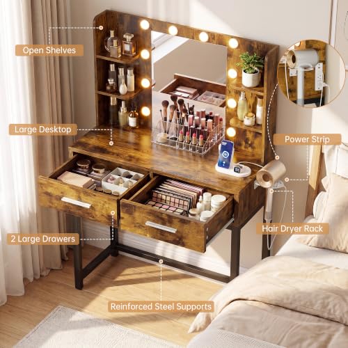 Image of YESHOMY 31.5'' Small Vanity Desk with LED Mirror and Lights, Rustic Brown