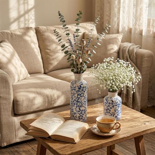Image of Chinoiserie Decor Ceramic Vases Set - 3 Blue and White Vase, Chinoiserie Vase Farmhouse Country, Flower Vases Home Decor, Living Room Decoration, Entrance, Fireplace, Table Decoration, Centerpieces