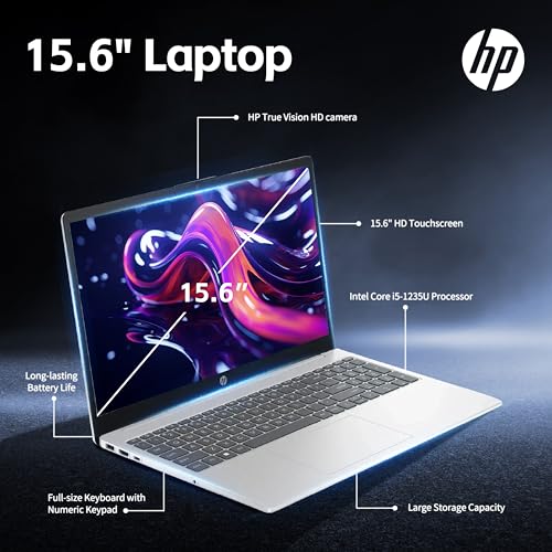 Image of HP 15.6 inch Laptop, Intel i5 Processor Up to 4.4 GHz, 16GB RAM, 512GB SSD, HD Touch Screen, Intel Iris Xe Graphics, Windows 11 Home, Webcam, Wi-Fi, Bluetooth, Natural Silver, Alpacatec Accessories