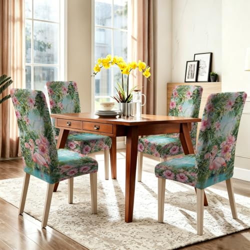 Image of Pink Flamingo Dining Chair Covers Set of 4, Tropical Slipcovers