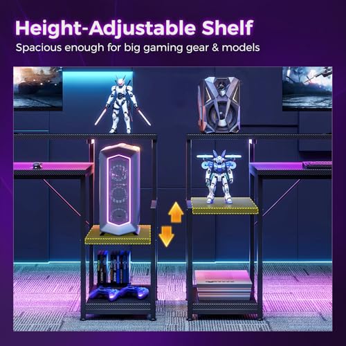 Image of AODK 48 Inch Gaming Desk with LED Lights, Computer Desk with Storage Shelves, Reversible Desk with Monitor Stand, Carbon Fiber Black