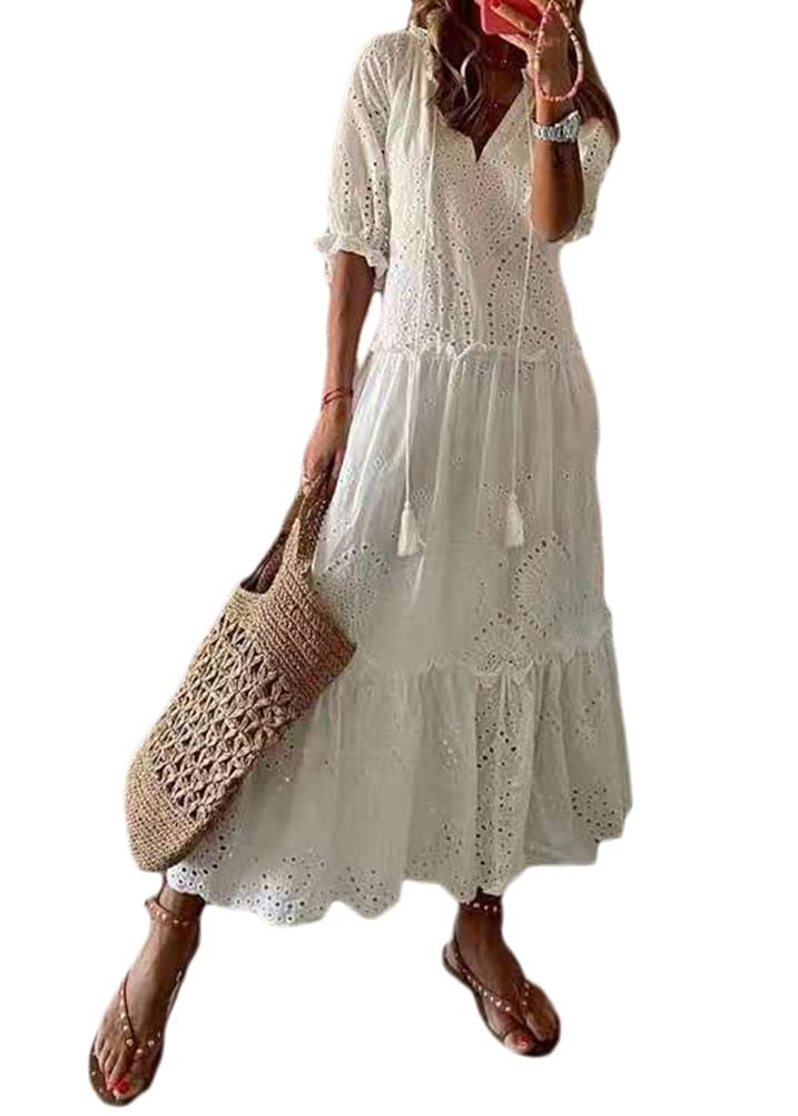 ticticlily Vestidos Mujer Verano Larga Boho Elegante Maxi Vestido Manga Corta y Cuello V Estampado Florales Vestidos Casual Playa Fiesta Vestidos sin Manga del Cordón Talla Grande