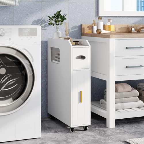COSTWAY Armario Auxiliar de Baño con Ruedas Bloqueables, Mueble de Baño Estrecho con Cajón Deslizante, Caja de Pañuelos, Soporte para Cepillo de Inodoro para Cocina Salón, 50 x 16 x 69 cm (Blanco) - imagen 9