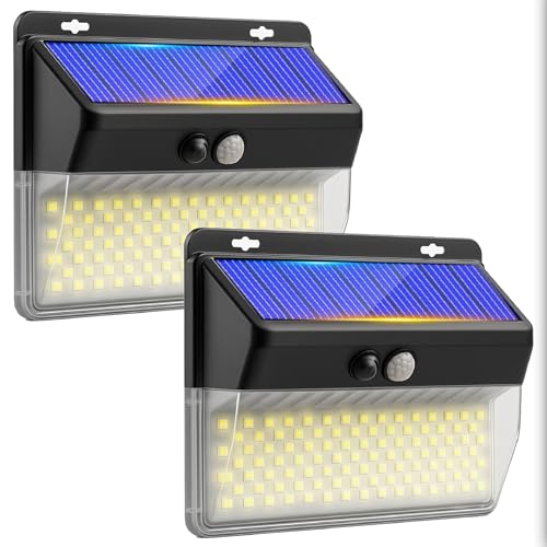 Luz Solar Exterior Jardin, 206 LED, Luces Solares Con Sensor de Movimiento 3 Modos 270°, Focos Led Exterior, Aplique Pared Terraza, Patio, Jardin, Foco Solar Potente Impermeable IP65 (2, Paquete)